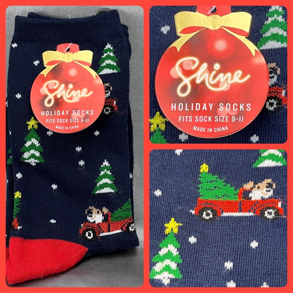 Shine Christmas Holiday Socks Women's OS Dog Truck Tree Navy Stocking Stuffersโ